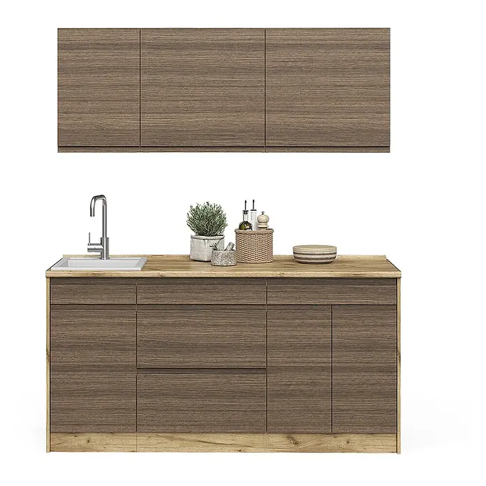 Singleküche R-Line 160 cm Tabak-Walnuss Art.-Nr. 70562 -  - Küchenschrank-Set aus braunem Holzmaserung mit heller Arbeitsplatte, integrierter Spüle und Oberschränken.