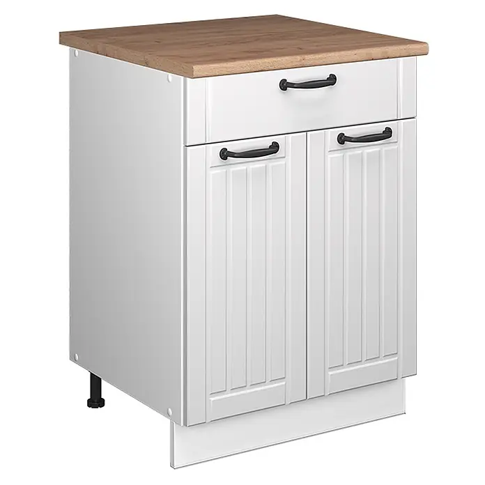 Küchenunterschrank Fame-Line 60 cm Weiß Landhaus Art.-Nr. 60975 -  - Weißer Küchenunterschrank mit Holzplatte, einer Schublade und zwei Türen, alle mit schwarzen Griffen.