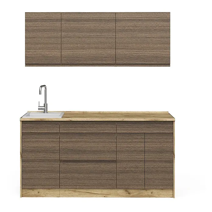 Singleküche R-Line 160 cm Tabak-Walnuss Art.-Nr. 70562 -  - Moderne Küchenzeile mit dunklen Holzmaserungstüren, heller Holzarbeitsplatte und integrierter Spüle.