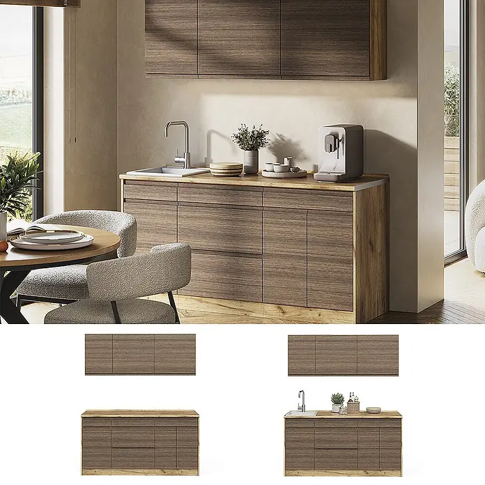 Singleküche R-Line 160 cm Tabak-Walnuss Art.-Nr. 70562 -  - Moderne Küchenzeile mit dunkel gemaserten Holzschränken, heller Arbeitsplatte, integriertem Spülbecken und Oberschränken in einem zeitgemäßen Zuhause.