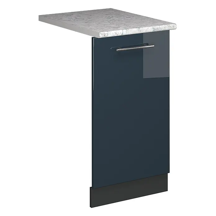 Geschirrspülblende Fame-Line 45 cm Dunkelblau Hochglanz Art.-Nr. 54592 -  - Dunkelblaue Kücheninsel-Seitenwand mit gesprenkelter weißer Arbeitsplatte, silbernem Griff und schwarzer Sockelleiste.