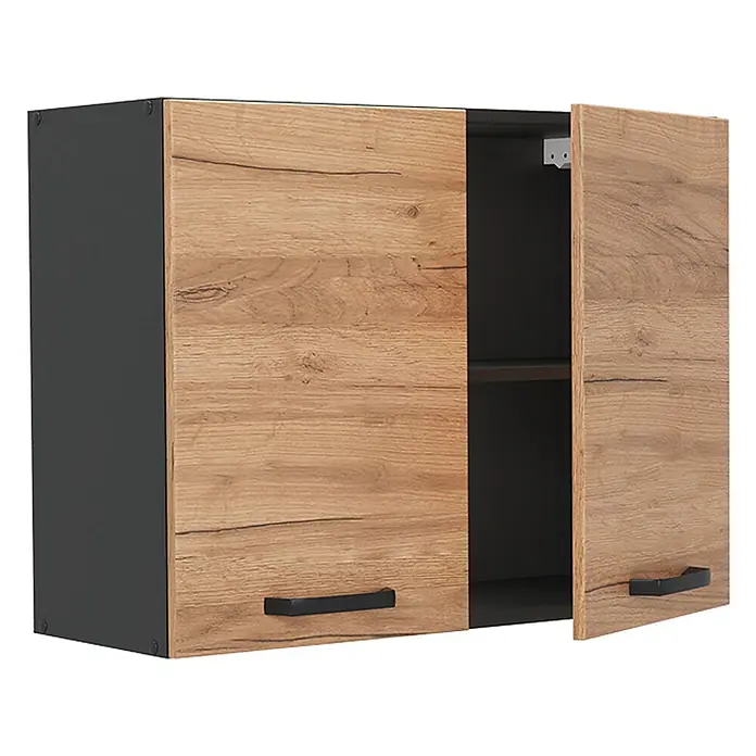 Küchenglasschrank R-Line 80 cm Goldkraft Eiche Art.-Nr. 71461 -  - Wandschrank mit dunkelgrauem Korpus und hellen Holzmaserungstüren, eine leicht geöffnet, zeigt ein Regal und schwarze Griffe.