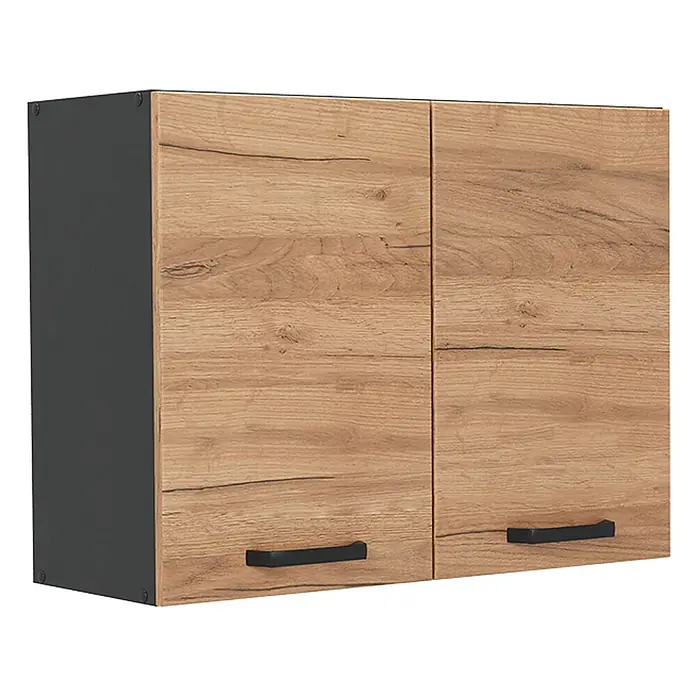 Küchenglasschrank R-Line 80 cm Goldkraft Eiche Art.-Nr. 71461 -  - Zweitüriger Hängeschrank mit dunkelgrauer Seitenwand und hellbraunen Holzoptik-Türen, mit schwarzen Griffen.