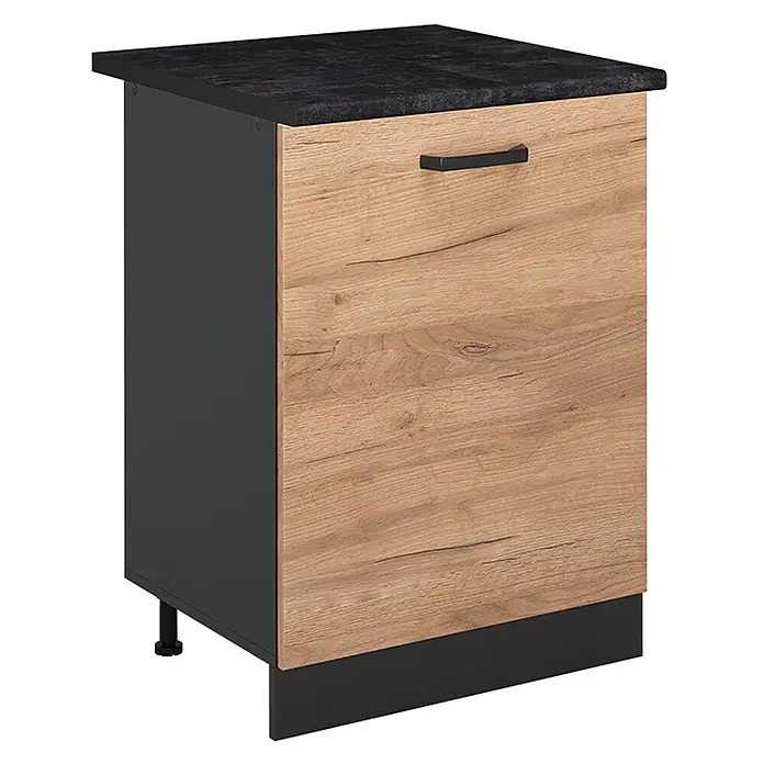 Küchenunterschrank R-Line 60 cm Goldkraft Eiche Art.-Nr. 72035 -  - Küchenunterschrank mit schwarzer Arbeitsplatte, dunkelgrauem Korpus, heller Holztür, schwarzem Griff und Sockel.