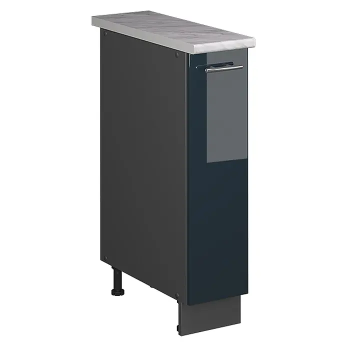 Apothekerschrank Fame-Line 20 cm Dunkelblau Hochglanz Art.-Nr. 62104 -  - Schmaler dunkelblauer Unterschrank mit glänzender Front, dunkelgrauer Seite und weißer Marmor-Arbeitsplatte, mit integriertem Griff.