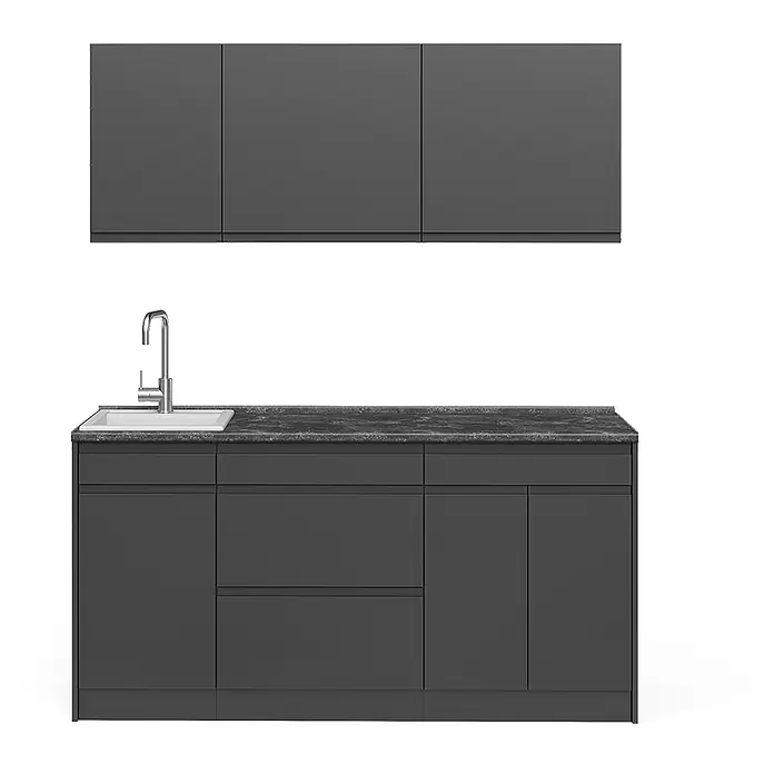 Singleküche R-Line 160 cm Anthrazit Art.-Nr. 70556 -  - Dunkelgraue Küchenschränke mit schwarzer Sprenkel-Arbeitsplatte, weißem Spülbecken und Chromarmatur.