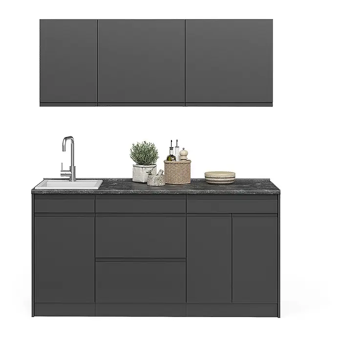 Singleküche R-Line 160 cm Anthrazit Art.-Nr. 70556 -  - Dunkelgraue modulare Küchenzeile mit Oberschränken, Spüle und Unterschränken.