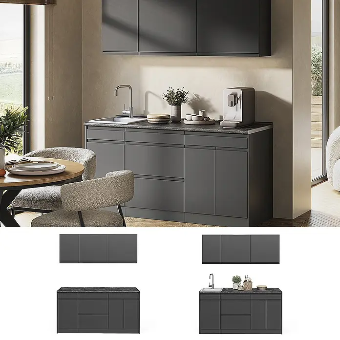 Singleküche R-Line 160 cm Anthrazit Art.-Nr. 70556 -  - Dunkelgraue Küchenschränke mit Spüle und dunkler Arbeitsplatte in modernem Ambiente.