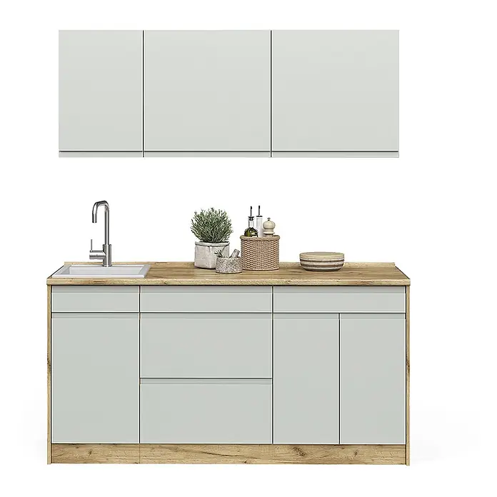 Singleküche R-Line 160 cm Pastellgrün Art.-Nr. 70561 -  - Helle grau-grüne Küchenzeile mit Holzplatte, Spüle, Armatur und Hänge- sowie Unterschränken.
