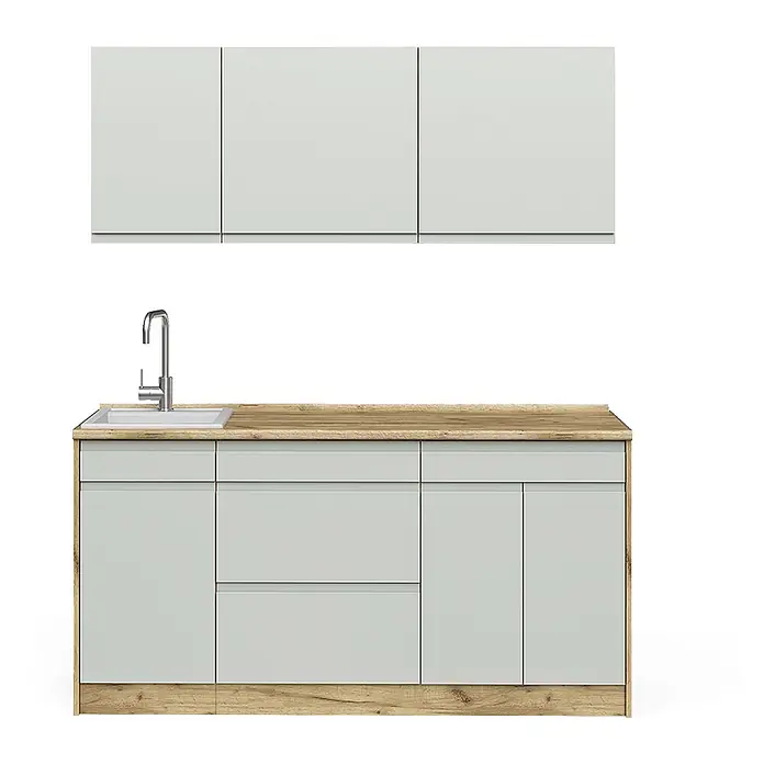 Singleküche R-Line 160 cm Pastellgrün Art.-Nr. 70561 -  - Helle graue Küchenzeile mit Holzplatte, Spüle, Wasserhahn und passenden Oberschränken. Verfügt über Unter- und Schubladenschränke.