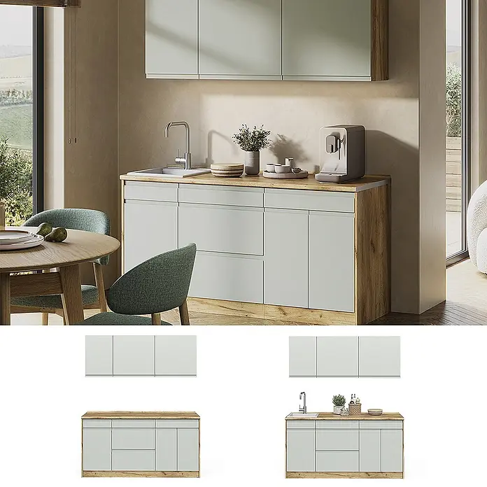 Singleküche R-Line 160 cm Pastellgrün Art.-Nr. 70561 -  - Moderne Küche mit hellgrünen Schränken, einer Arbeitsplatte und einem Sockel aus Holz, inkl. Spüle in einem gemütlichen Raum.