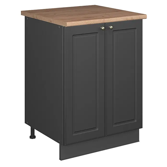 Spülenunterschrank Fame-Line 60 cm Anthrazit-Gold Landhaus Art.-Nr. 65256 -  - Dunkelgrauer Küchenunterschrank mit Holz-Arbeitsplatte, zwei Türen und goldenen Knöpfen, mit Sockelleiste und verstellbarem Fuß.