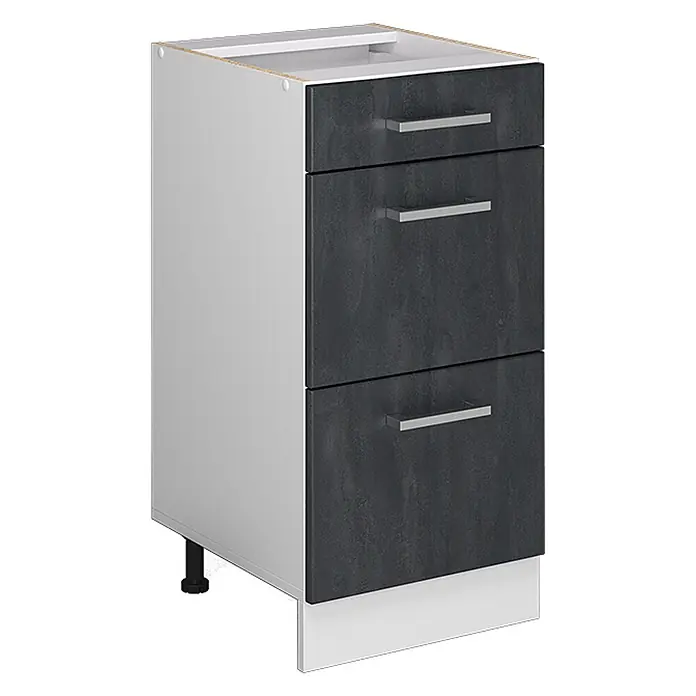 Küchenfront R-Line 39.6 cm Schwarz Beton Art.-Nr. 42835 -  - Weißer Unterschrank mit drei dunkelgrauen Strukturschubladen und silbernen Griffen.