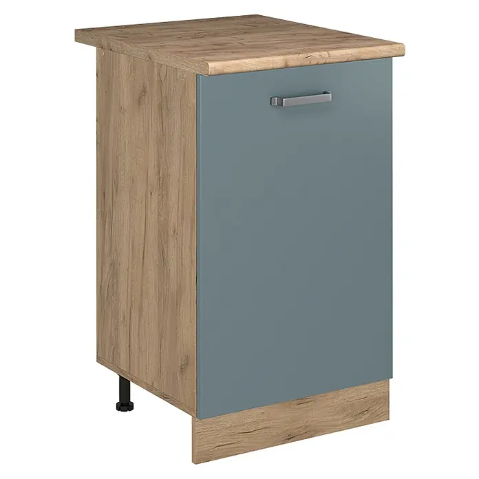 Küchenunterschrank R-Line 50 cm Blau-Grau Art.-Nr. 70387 -  - Holz- und blaugrauer Küchenunterschrank mit silbernem Griff und hölzerner Sockelleiste. Schwarze Stellfüße sind sichtbar.