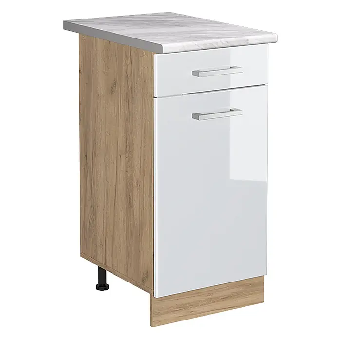 Küchenunterschrank R-Line 40 cm Weiß Hochglanz Art.-Nr. 61179 -  - Kompakter Küchenunterschrank mit Holzoptik, weißen Hochglanzfronten, silbernen Griffen und Marmorarbeitsplatte.