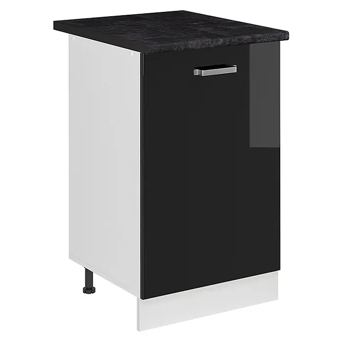 Küchenunterschrank R-Line 50 cm Schwarz Hochglanz Art.-Nr. 70156 -  - Schwarzer Hochglanz-Küchenunterschrank mit weißer Seitenwand, strukturierter schwarzer Arbeitsplatte, silbernem Griff und weißem Sockel.