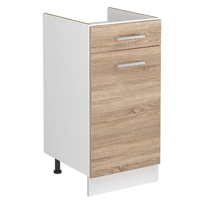 Spülenunterschrank R-Line 40 cm Sonoma Art.-Nr. 72895 -  - Weißer Küchenunterschrank mit zwei Schubladen in heller Holzoptik und silbernen Griffen, mit Sockelblende.