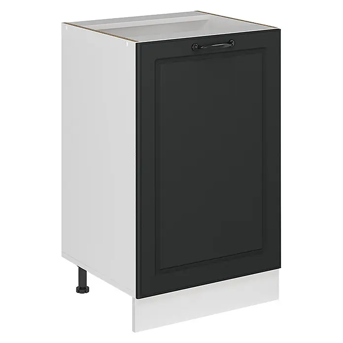 Küchenunterschrank R-Line 50 cm Anthrazit Landhaus Art.-Nr. 70115 -  - Weißer Küchenunterschrank mit dunkelgrauer Kassettentür, schwarzem Griff und weißer Sockelleiste.