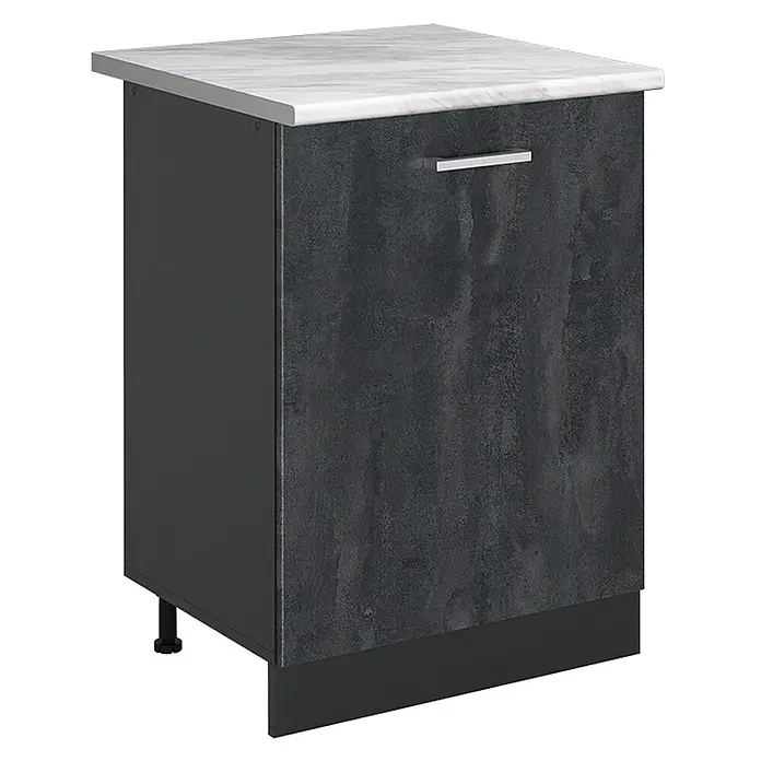 Küchenunterschrank R-Line 60 cm Schwarz Beton Art.-Nr. 72065 -  - Dunkelgrauer Küchenunterschrank mit weißer Marmor-Arbeitsplatte und silbernem Griff, strukturiert.
