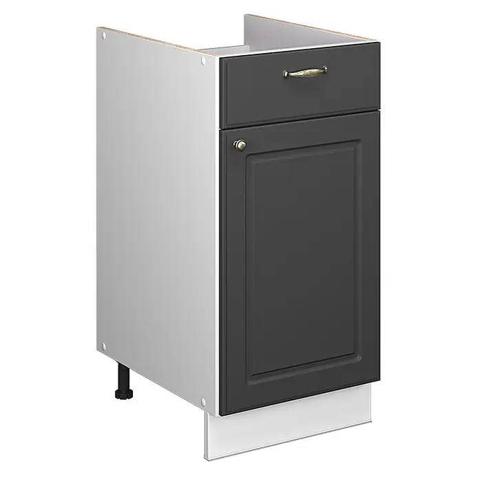 Küchenunterschrank Fame-Line 40 cm Anthrazit-Gold Landhaus Art.-Nr. 60894 -  - Dunkelgrauer Küchenunterschrank mit Schublade und Tür, Messingbeschläge. Weißer Korpus.