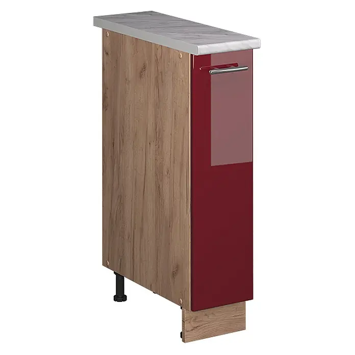 Apothekerschrank Fame-Line 20 cm Bordeaux Hochglanz Art.-Nr. 62134 -  - Schmaler Küchenunterschrank mit heller Holzseite, hochglänzender roter Tür und Arbeitsplatte in Marmoroptik.