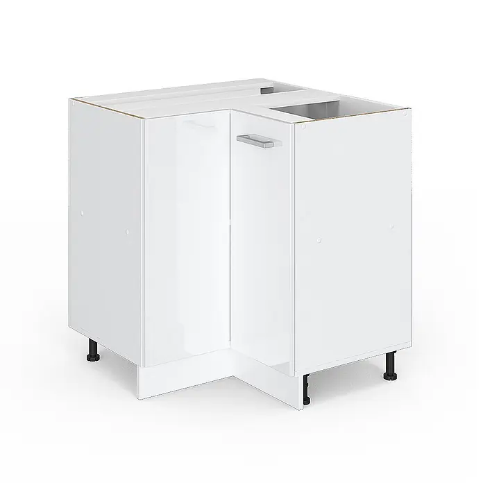 Küchenfront R-Line 59.2 cm Weiß Hochglanz Art.-Nr. 34627 -  - Weißer Eckunterschrank für die Küche mit Griff und verstellbaren Füßen, bereit für die Arbeitsplatteninstallation.