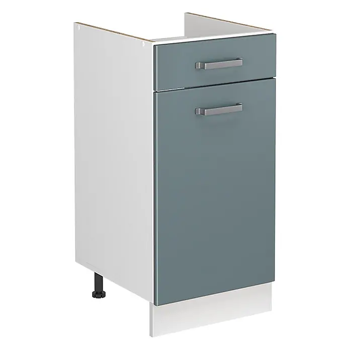 Spülenunterschrank R-Line 40 cm Blau-Grau Art.-Nr. 72868 -  - Weißer Küchenunterschrank mit dunkelblau-grauer Schublade und Tür, silbernen Griffen und verstellbaren Füßen.