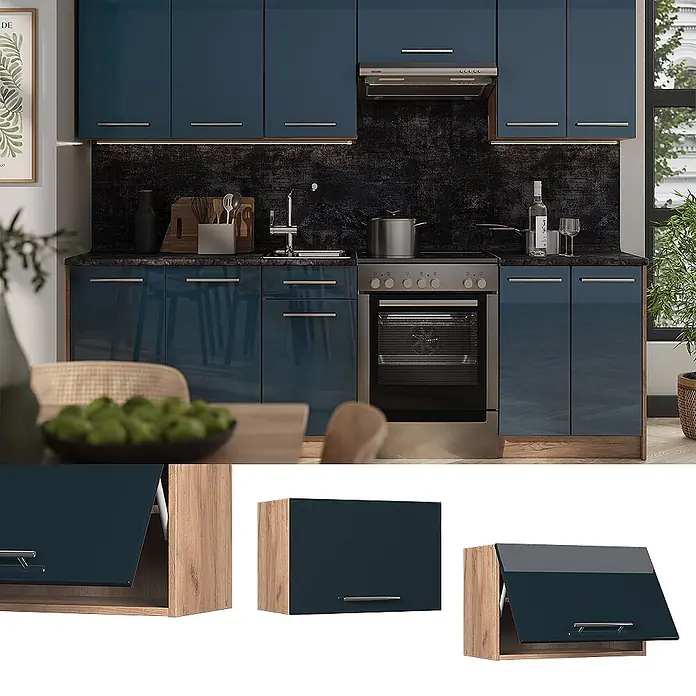 Hängeschrank Fame-Line 60 cm Dunkelblau Hochglanz Art.-Nr. 61555 -  - Moderne Küchenzeile mit glänzenden blauen Türen und Holzoptik-Korpus, inklusive Ober- und Unterschränken und Einbaugeräten.