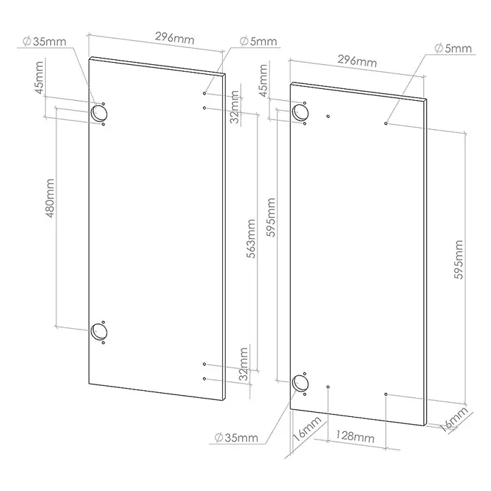 Küchenfront R-Line 59.2 cm Weiß Hochglanz Art.-Nr. 34627 -  - Technische Zeichnung von zwei rechteckigen Platten, mit präzisen Maßen und Positionen für 35mm und 5mm Bohrungen.