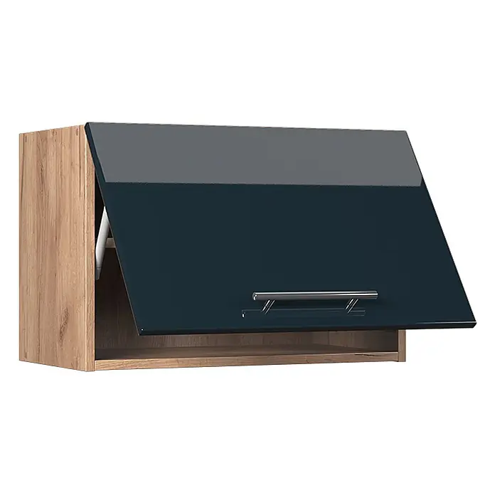 Hängeschrank Fame-Line 60 cm Dunkelblau Hochglanz Art.-Nr. 61555 -  - Wandschrank mit hellem Holzrahmen und dunkelblauer Hochglanztür, teilweise geöffnet, mit Metallgriff.