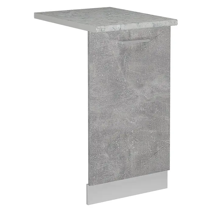 Geschirrspülblende R-Line 45 cm Beton Art.-Nr. 54900 -  - Graue Betonoptik-Seitenwand mit hellgrauer Marmor-Arbeitsplatte, silbernem Griff und passendem Sockel.