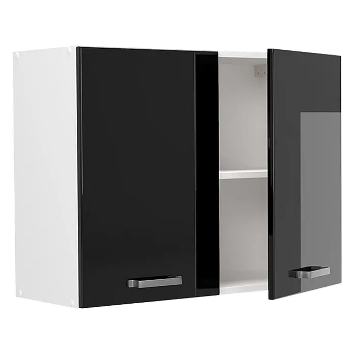 Küchenglasschrank R-Line 80 cm Schwarz Hochglanz Art.-Nr. 71455 -  - Weißer und schwarz hochglänzender Hängeschrank mit silbernen Griffen, eine Tür offenbart Regalböden.