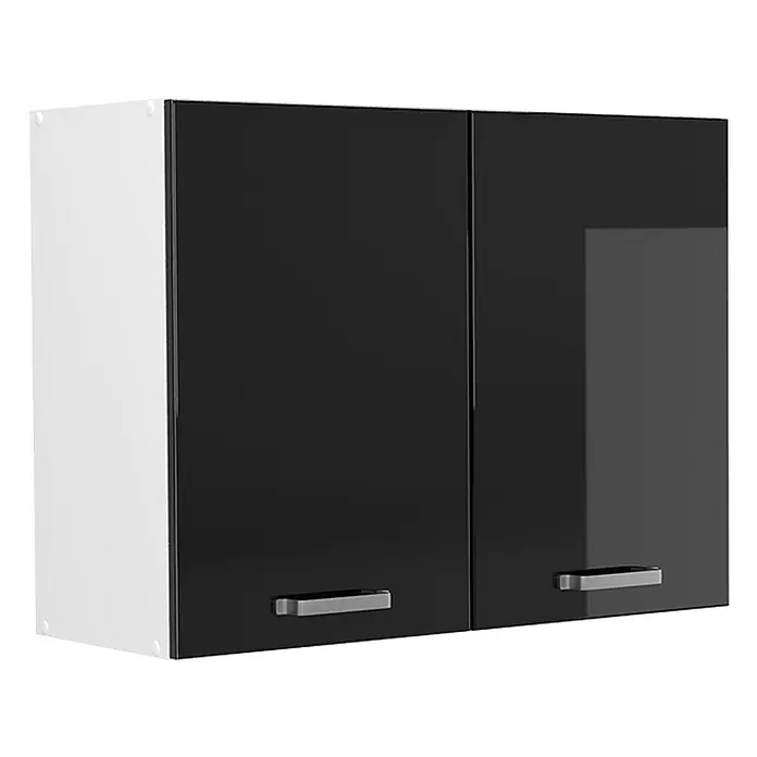 Küchenglasschrank R-Line 80 cm Schwarz Hochglanz Art.-Nr. 71455 -  - Schwarzer Hochglanz-Hängeschrank mit zwei Türen, weißen Seiten und silbernen Griffen.
