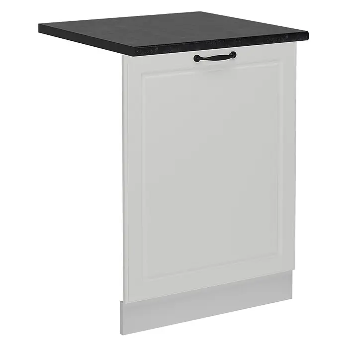 Geschirrspülblende R-Line 60 cm Weiß Landhaus Art.-Nr. 55073 -  - Weißer Küchenunterschrank mit Kassettenfronttür, schwarzer Arbeitsplatte, schwarzem Griff und grauer Sockelleiste.