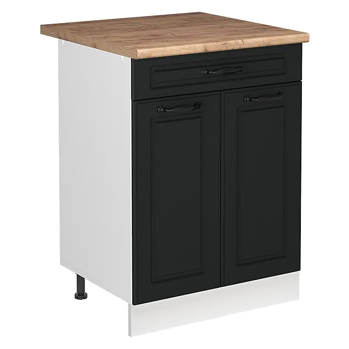 Spülenunterschrank R-Line 60 cm Anthrazit Landhaus Art.-Nr. 72989 -  - Schwarzer Küchenunterschrank mit Holz-Arbeitsplatte, weißer Seite, schwarzen Griffen, einer Schublade und zwei Türen.