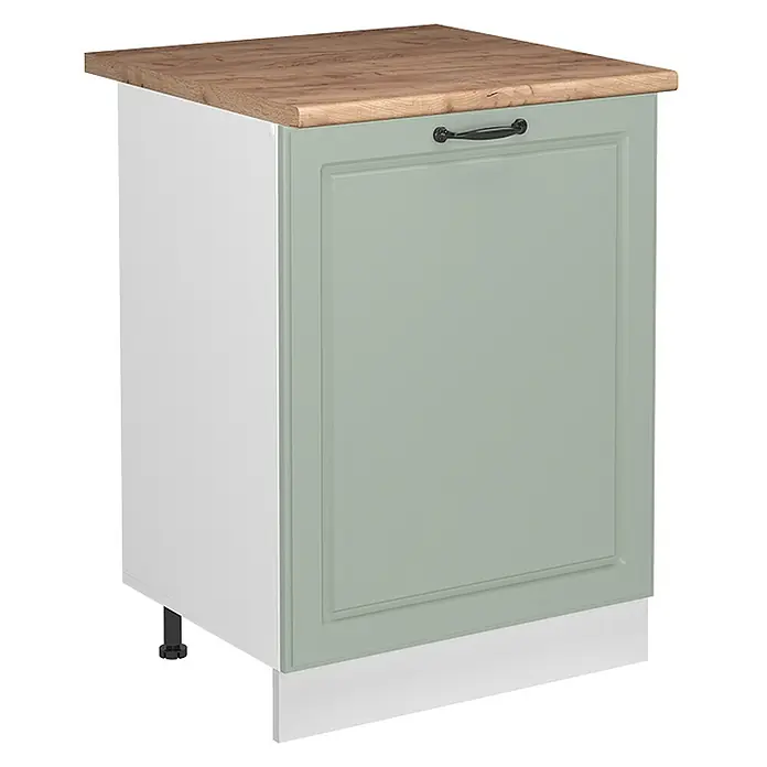 Küchenunterschrank R-Line 60 cm Mint Landhaus Art.-Nr. 72309 -  - Salbeigrüner Unterschrank mit Holzoptik-Arbeitsplatte und schwarzem Griff.