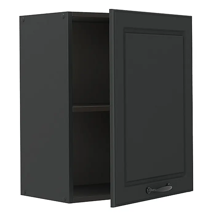 Hängeschrank R-Line 50 cm Anthrazit Landhaus Art.-Nr. 70031 -  - Dunkelgrauer Küchenwandschrank mit offener Tür, der ein Innenregal zeigt. Mit Zierleiste und dunklem Griff.