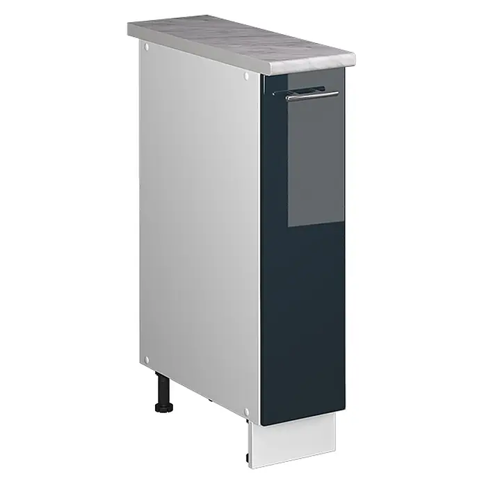 Apothekerschrank Fame-Line 20 cm Dunkelblau Hochglanz Art.-Nr. 62077 -  - Schmaler Apothekerschrank mit hellgrauer Seite, dunkelblau/grauer Front, marmorierter Arbeitsplatte und Metallgriff.