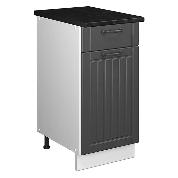 Küchenunterschrank Fame-Line 40 cm Dunkelgrau Art.-Nr. 60917 -  - Küchenunterschrank mit dunkler Arbeitsplatte, dunkelgrauer Schublade und vertikal getäfelter Tür. Weiße Seitenplatte und Sockelleiste.