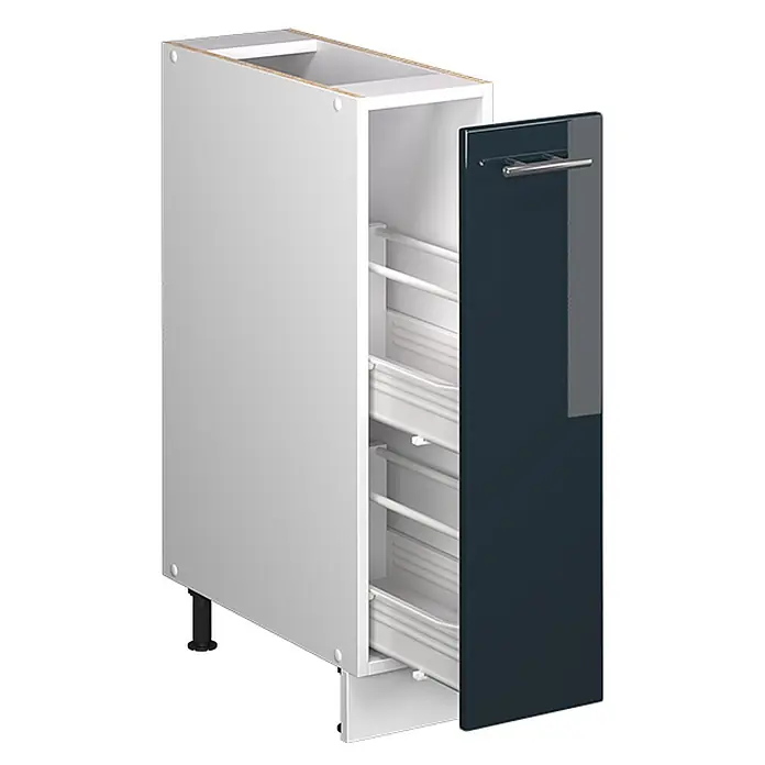 Apothekerschrank Fame-Line 20 cm Dunkelblau Hochglanz Art.-Nr. 62076 -  - Weißer Unterschrank mit offener dunkelblauer Ausziehtür, die interne Ablagen zum Verstauen zeigt.