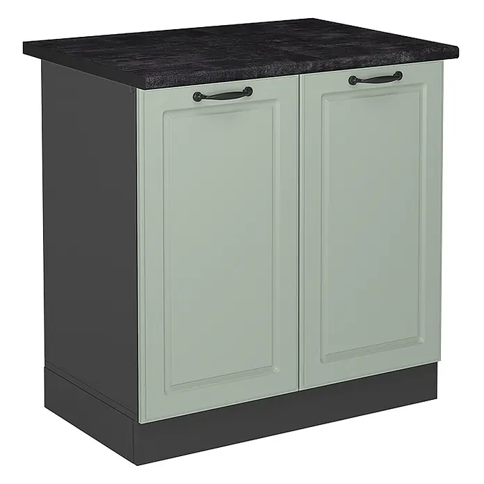 Spülenunterschrank R-Line 80 cm Mint Landhaus Art.-Nr. 71141 -  - Hellgrüner zweitüriger Küchenunterschrank mit dunkler Arbeitsplatte und schwarzen Griffen, mit dunkelgrauen Seiten und Sockel.