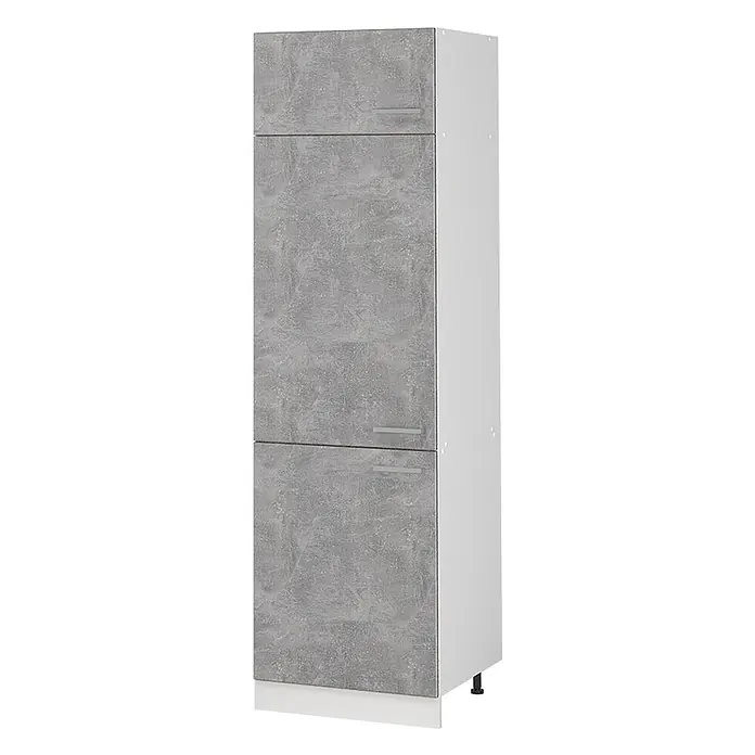 Vorratsschrank R-Line 60 cm Beton Art.-Nr. 63177 -  - Hoher Schrank mit drei grauen Türen in Betonoptik und integrierten Griffen, mit weißen Seitenwänden.