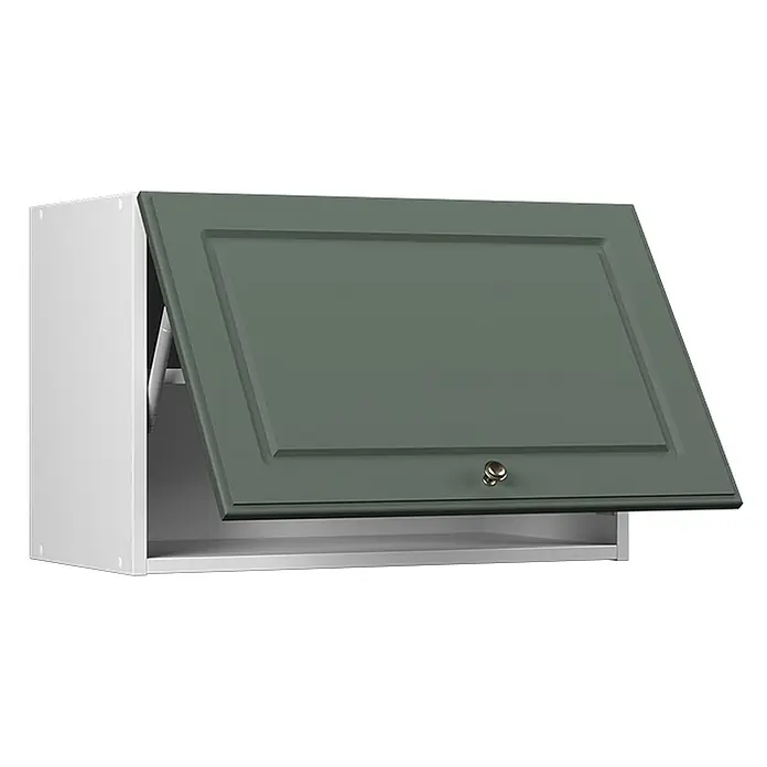 Hängeschrank Fame-Line 60 cm Grün-Gold Landhaus Art.-Nr. 61536 -  - Wandschrank weiß mit grau-grüner Klapptür, teilweise geöffnet, mit Messingknauf.