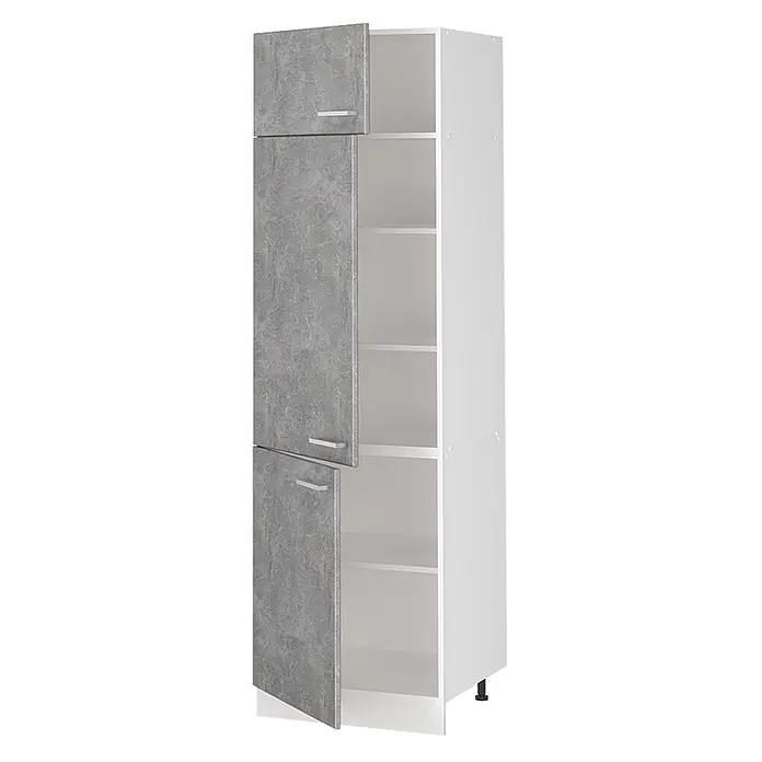 Vorratsschrank R-Line 60 cm Beton Art.-Nr. 63177 -  - Hoher weißer Schrank mit drei grauen Türen in Betonoptik, zwei davon offen mit Einlegeböden.