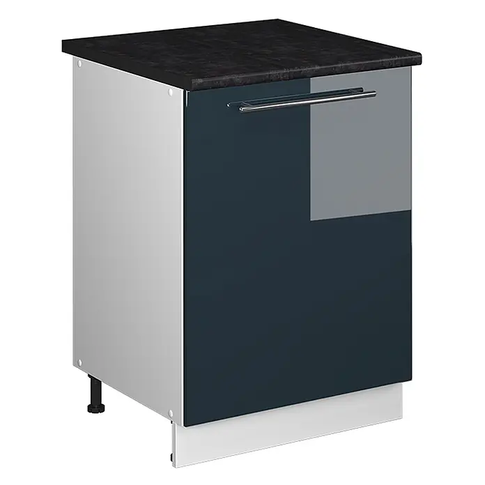 Küchenunterschrank Fame-Line 60 cm Dunkelblau Hochglanz Art.-Nr. 65138 -  - Dunkelblauer Hochglanz-Küchenunterschrank mit schwarzer Arbeitsplatte, silbernem Griff und weißer Sockelblende auf verstellbaren Füßen.