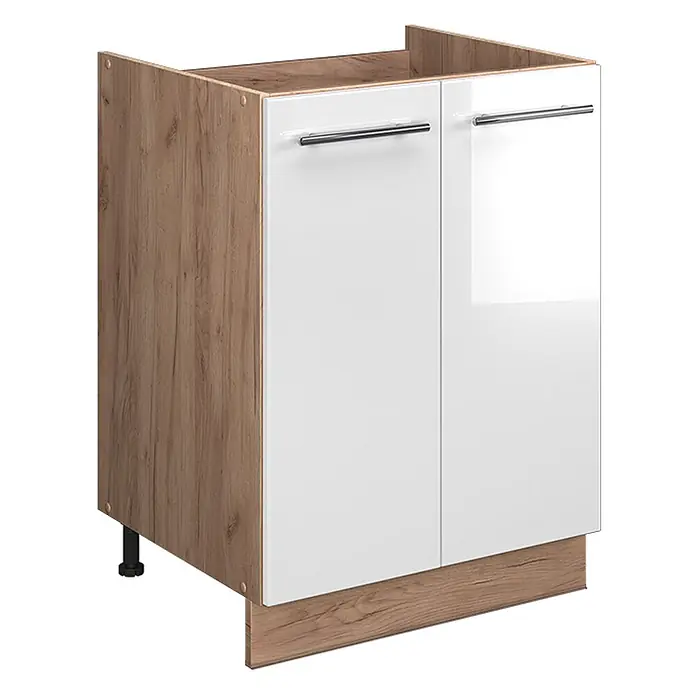 Spülenunterschrank Fame-Line 60 cm Weiß Hochglanz Art.-Nr. 65245 -  - Küchenunterschrank mit zwei hochglänzenden weißen Türen, silbernen Griffen und Holzdekorseiten/Sockel.