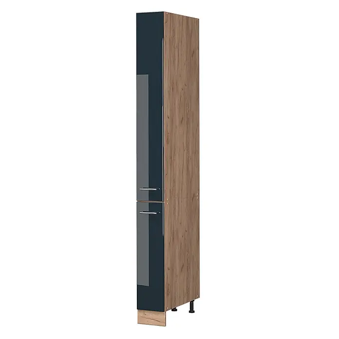 Apothekerschrank Fame-Line 20 cm Dunkelblau Hochglanz Art.-Nr. 61663 -  - Hoher Schrank mit dunkelblauer Hochglanztür und Holzdekorseite, mit zwei silbernen Griffen, auf verstellbaren Füßen.