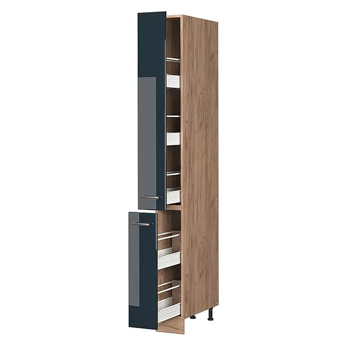 Apothekerschrank Fame-Line 20 cm Dunkelblau Hochglanz Art.-Nr. 61663 -  - Hoher Küchenschrank mit Holzoptik-Korpus und dunkelblauen Hochglanz-Auszügen mit weißen Körben.