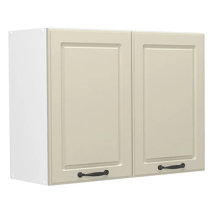 Glashängeschrank R-Line 80 cm Sand Landhaus Art.-Nr. 72296 -  - Helles beiges zweitüriges Hängeschrank mit Paneeldetails und schwarzen Griffen, weißen Seitenwänden.