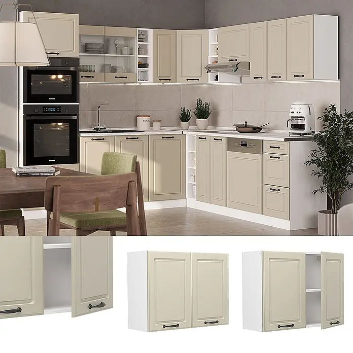 Glashängeschrank R-Line 80 cm Sand Landhaus Art.-Nr. 72296 -  - Moderne Küche mit beigen Schränken, schwarzen Griffen und integrierten Geräten. Klassisches Türdesign schafft einen warmen, funktionalen Raum.